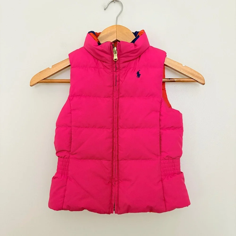 Ralph Lauren Girls Puffer Vest Reversible Size 5 Pink Orange Quilted Pony Logo
